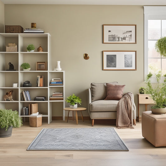 A tidy, minimalist living room with a compact desk, a few well-organized bookshelves, and a storage ottoman, incorporating repurposed containers and multi-functional furniture, in a calm, natural color palette.