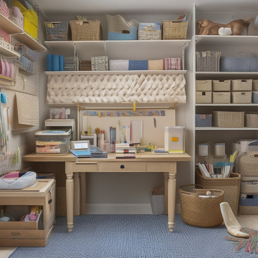 A tidy craft room with a wooden desk, surrounded by stacked storage bins, baskets, and shelves, featuring a partially open planner with colorful tabs and a few scattered craft supplies.