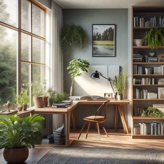 A well-lit, minimalist room with a large wooden desk, surrounded by floor-to-ceiling shelves filled with colorful books, eclectic art pieces, and lush green plants, overlooking a serene natural landscape.