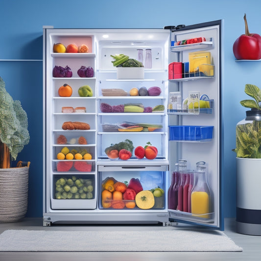 A modern, sleek refrigerator with adjustable shelves, baskets, and compartments in various shapes and sizes, filled with colorful fruits, vegetables, and neatly arranged kitchen essentials.