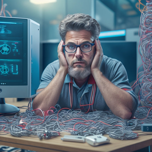 An illustration of a frustrated developer sitting in front of a computer with a tangled mess of wires and broken gears surrounding the screen, displaying a cluster of confused Kubernetes pods.
