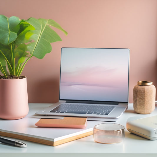 An organized desk with a minimalist laptop, a few select devices, and a small potted plant, surrounded by a subtle, calming background with soft, pastel colors and gentle, rounded lines.
