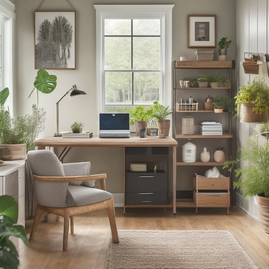 A neat, organized home office with a laptop open on a clutter-free desk, surrounded by stacked storage bins, a labeled file cabinet, and a few potted plants, with a subtle background of a tidy living room.