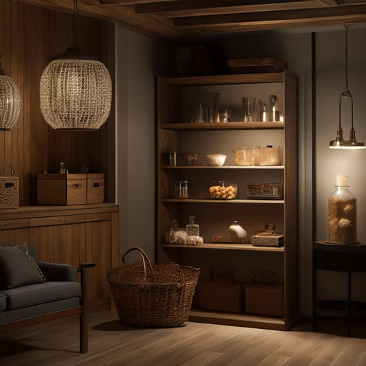 An organized basement with a slatted wall system, wooden shelves, and clear storage bins, illuminated by a modern pendant light, with a few tasteful decorative items and a minimalist color scheme.