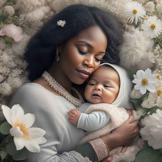 A serene, warm-toned illustration of a happy breastfeeding mother cradling her calm, swaddled baby, surrounded by soft, white flowers and delicate, curved breastfeeding accessories.