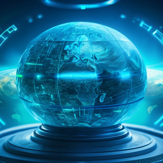 A futuristic, globe-shaped database with glowing blue circuits and pulsing green lights, surrounded by orbiting gears and tiny, swirling magnifying glasses.