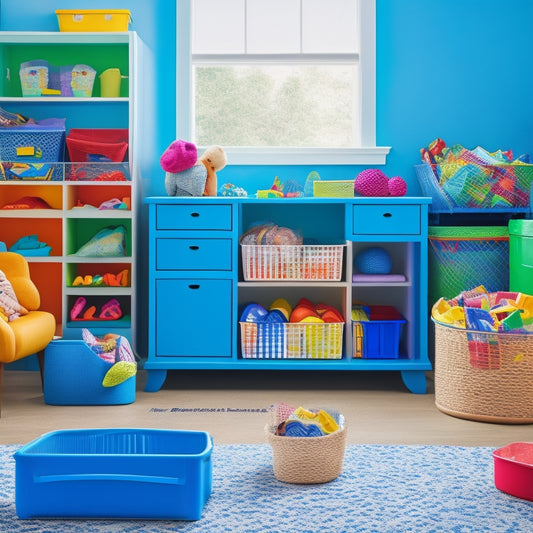 A colorful, clutter-free playroom with toy bins, labeled baskets, and a tidy desk, surrounded by happy, playing children, with a subtle background of a worksheet with checkboxes and lines.