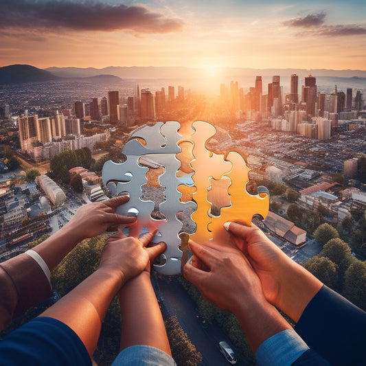 An illustration of diverse hands holding a giant puzzle piece, forming a larger whole, surrounded by faint outlines of houses, hospitals, and people in the background, bathed in warm, golden light.