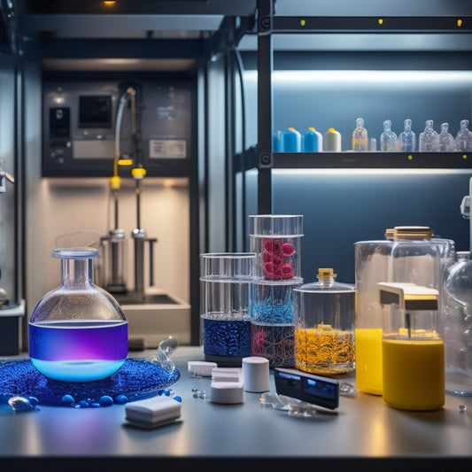 A futuristic laboratory scene with a 3D printer in the center, surrounded by various waterproof containers in different shapes and sizes, with water and droplets splashing around them.