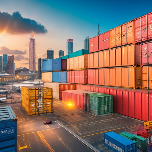 An illustration of interconnected shipping containers in a modern cityscape, with sleek skyscrapers and busy streets, featuring a subtle grid pattern and vibrant colors to convey innovation and growth.