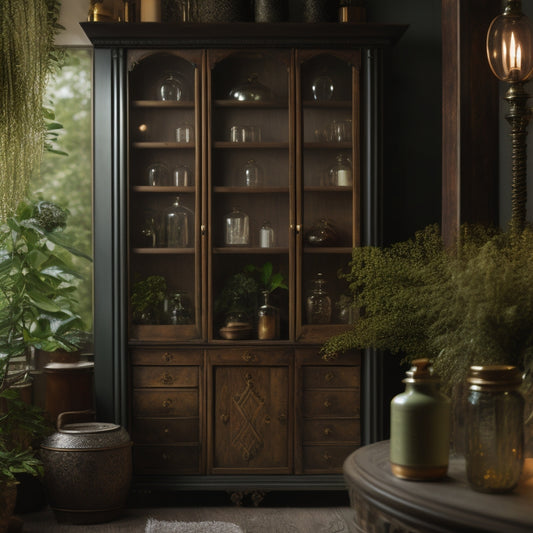 A serene, light-filled space with a wooden apothecary cabinet, adorned with ornate metal hardware, surrounded by lush greenery, vintage glass jars, and a few carefully placed candles.