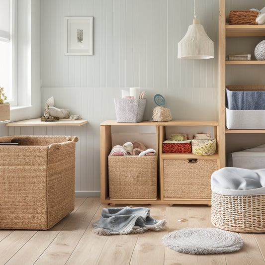 A tidy room with 5-7 decorative storage bins in various shapes, sizes, and materials (wicker, fabric, wooden) holding organized items like toys, craft supplies, and linens, against a soft, light-gray background.