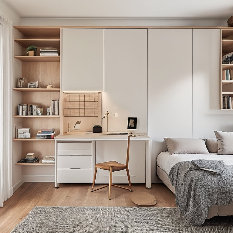 A serene, minimalist bedroom with a Murphy bed, floor-to-ceiling shelves, and a compact desk, showcasing clever storage solutions in a snug, 100-square-foot space.