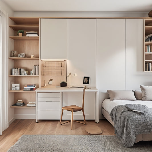 A serene, minimalist bedroom with a Murphy bed, floor-to-ceiling shelves, and a compact desk, showcasing clever storage solutions in a snug, 100-square-foot space.