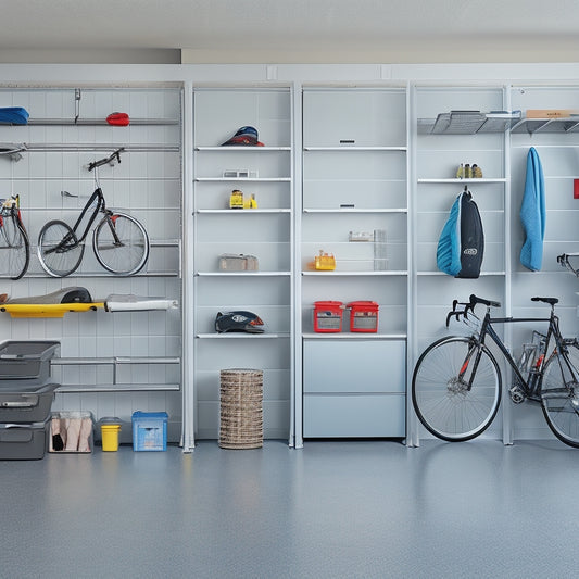 An organized garage with sleek, grey cabinets, labeled bins, and a pegboard with hanging tools, set against a clean, white background with a few bicycles and a sports car parked in the distance.