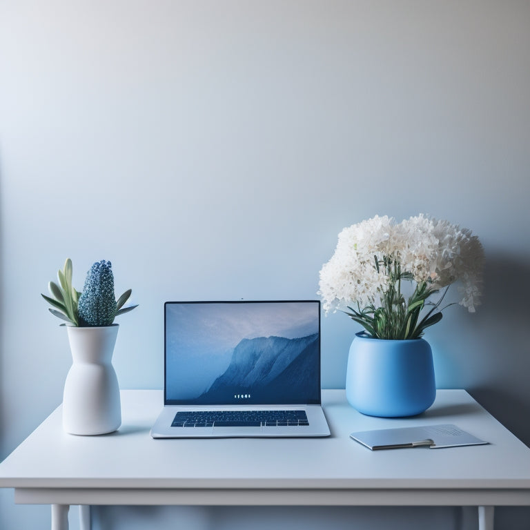 A serene, minimalist workspace with a laptop, a single blooming flower, and a few neatly organized files, surrounded by a subtle, calming gradient of soft blues and whites.