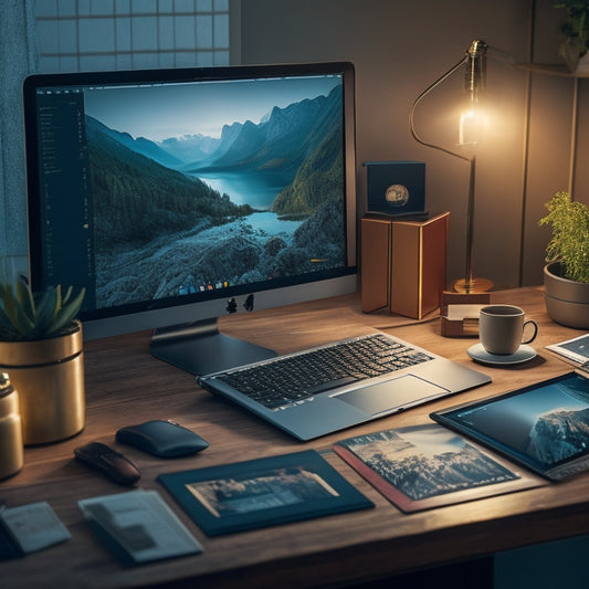 A serene, organized digital workspace with a tidy laptop, a few neatly arranged folders, and a calm background, surrounded by subtle, glowing digital threads weaving together in harmony.
