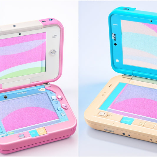 A split-screen illustration of a Nintendo 2DS handheld console open and closed, showcasing its dual screens, buttons, and hinges, alongside a background of soft, pastel-colored blocks and gentle, swirling patterns.