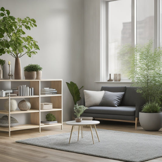 A serene, minimalist living room with a few, carefully selected pieces of furniture, a sparse bookshelf, and a single, thriving potted plant on a tidy wooden floor.
