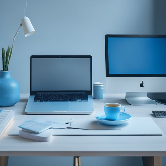 A minimalist desk with a sleek laptop, a tidy cable organizer, and a few carefully placed Post-it notes, set against a calming background of soft blue and white hues.
