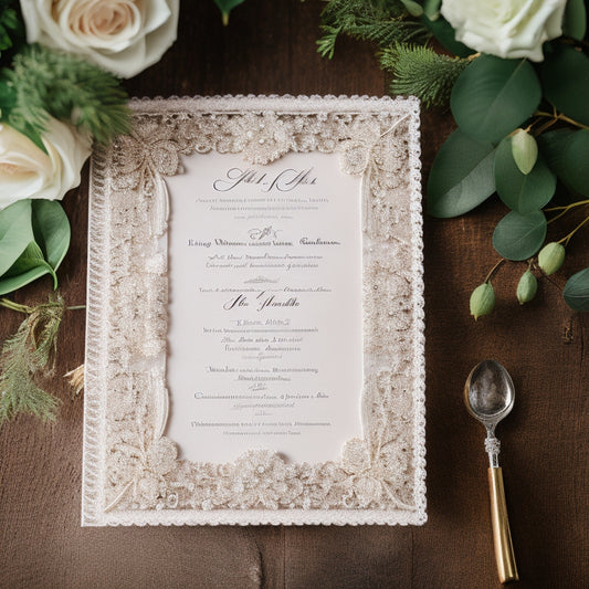 A delicate, lace-trimmed wedding program lies open on a rustic wooden table, surrounded by soft, creamy roses and a sprinkling of pearls, with a blurred, dreamy wedding scene in the background.