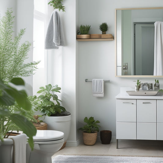 A minimalist bathroom with a wall-mounted sink, a pedestal sink converted into a storage unit, and a shower caddy holding toiletries, surrounded by soft, natural light and a few potted plants.