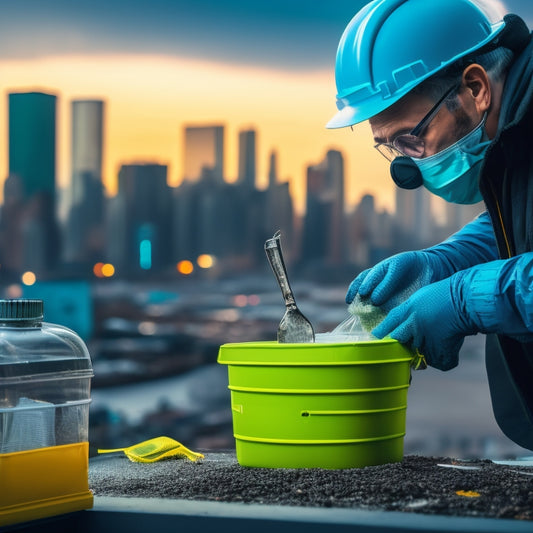 An illustration depicting a person wearing gloves and a mask, carefully pouring a hazardous substance into a designated container, surrounded by recycling bins and a cityscape in the background.