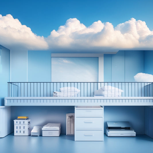 A minimalist illustration of a compact loft space with a laptop and a few storage bins, surrounded by faint cloud shapes and subtle digital grid patterns in the background, symbolizing online storage.