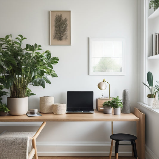 A serene home office with a minimalist wooden desk, a sleek laptop, a small potted plant, and a few essential office supplies organized in a compact storage unit against a calming white background.