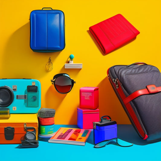 A colorful collage of travel gear and accessories, including a sleek black luggage, a vintage-style passport, a compact travel adapter, and a set of colorful packing cubes, on a bright, sunny background.