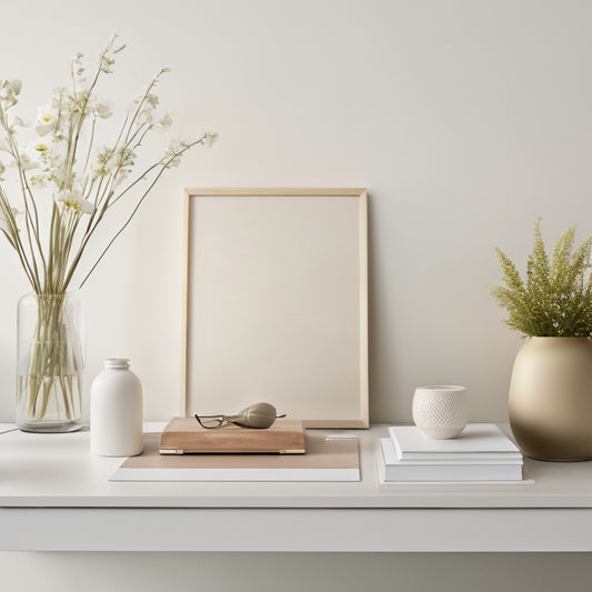 A serene, minimalist workspace with a polished wooden desk, a vase with fresh white flowers, and a few, neatly arranged, color-coded folders, against a soft, creamy white background.