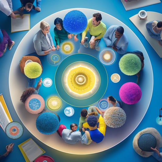 An illustration of interconnected circles in various sizes, filled with diverse icons (e.g., files, people, lightbulbs) and vibrant colors, radiating from a central hub, symbolizing community and collaboration.