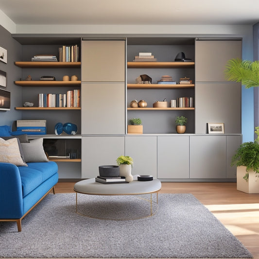A clutter-free, minimalist living room with a Murphy bed, wall-mounted shelves, and a storage ottoman, featuring a sleek, modern aesthetic with a calming color palette.