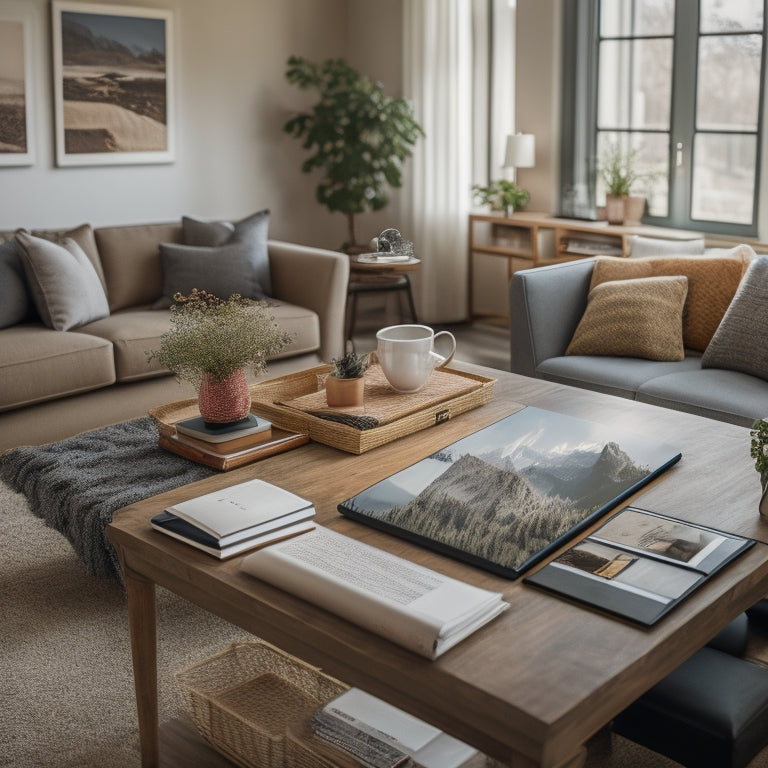 A tidy, modern living room with a laptop open on a coffee table, surrounded by organized folders, a planner, and a tablet with a digital calendar on its screen.