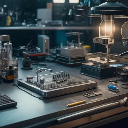 A futuristic laboratory scene with a stainless steel workbench, surrounded by microscopes, wire-rimmed glasses, and various electronic components, featuring a prominent industrial flash drive under a magnifying glass.