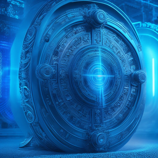 A futuristic, high-tech illustration of a large, ornate lock with glowing blue circuits and wires visible beneath its surface, surrounded by swirling cryptic codes and faint, shimmering light.