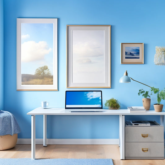 A serene, clutter-free home office with a laptop and a few, neatly organized files on a desk, surrounded by soft, white clouds and subtle, gradient blue hues, symbolizing digital storage.