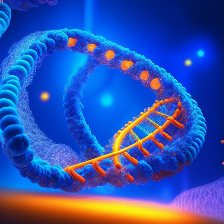 A stylized, double-helixed DNA molecule with glowing blue nucleotides, entwined with a wispy, orange RNA strand, suspended amidst a swirling, iridescent mist, evoking an otherworldly, futuristic atmosphere.