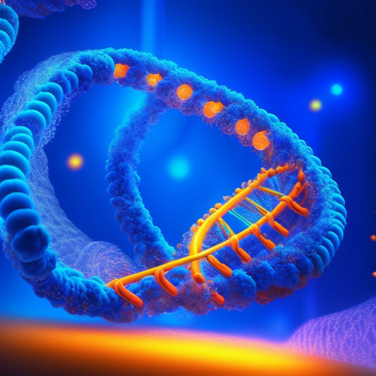A stylized, double-helixed DNA molecule with glowing blue nucleotides, entwined with a wispy, orange RNA strand, suspended amidst a swirling, iridescent mist, evoking an otherworldly, futuristic atmosphere.