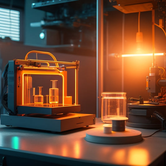 A futuristic laboratory scene with a 3D printer in the center, surrounded by various machinery and tools, with a glowing orange filament spool on top, emitting a warm, fiery light.