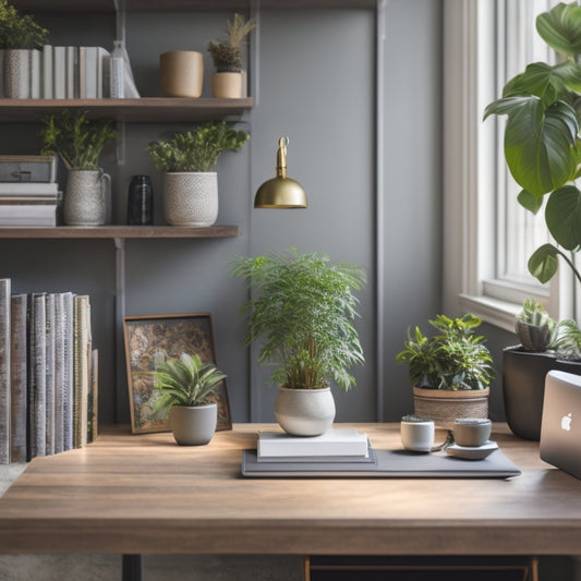 A clutter-free desk with a sleek laptop, a few neatly stacked notebooks, and a single potted plant, set against a calming light-gray wall with a floor-to-ceiling bookshelf in the background.