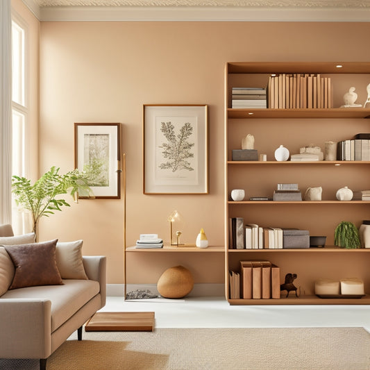 A serene, neutral-toned room with a custom-built, floor-to-ceiling shelving unit, featuring a few, carefully-placed, minimalist decorative items and a single, leather-bound book.