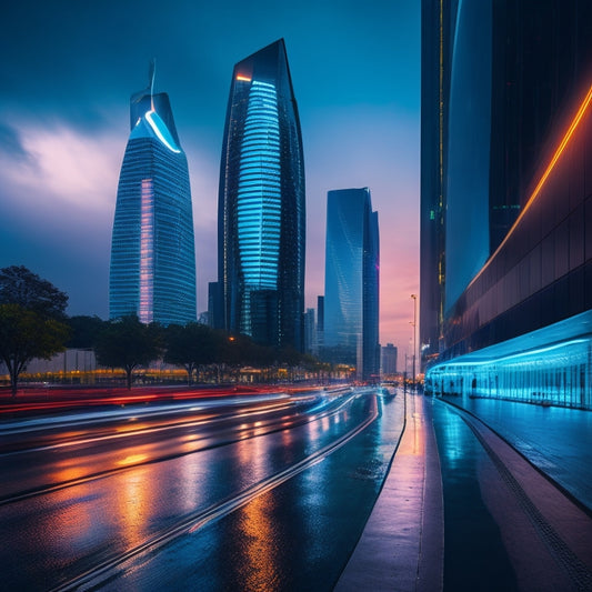 A futuristic, sleek, and modern cityscape at dusk with neon lights reflecting off a wet pavement, featuring a large, gleaming, silver skyscraper with a curved, angular design, showcasing KONICA MINOLTA's innovative technology.