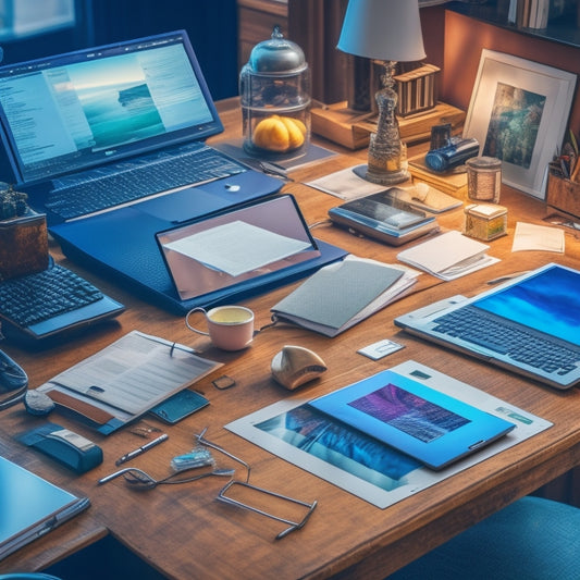 A cluttered desk with scattered papers, pens, and a laptop, surrounded by chaos, with a few organized areas featuring a tablet and smartphone displaying tidy digital interfaces, amidst a subtle, calming background.