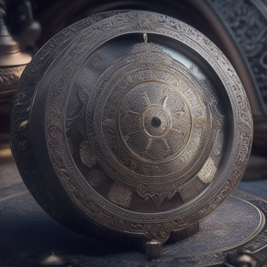 A shield with a subtle globe pattern in the background, surrounded by a circle of interconnected gears and a magnifying glass hovering above, symbolizing protection and scrutiny.
