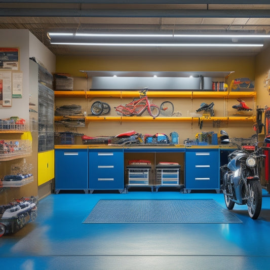 A spacious, well-lit garage with epoxy-coated floors, sleek metal cabinets, and a pegboard covered in organized tools, surrounded by a sports car, motorcycle, and bicycles, with a workbench in the center.