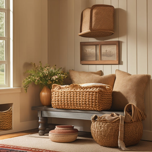 A warm, inviting entryway scene featuring a sturdy, cushioned storage bench with a rustic wooden frame, adorned with woven baskets and a few thrown pillows, against a soft, creamy wall backdrop.