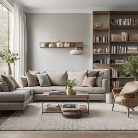 A serene living room with a minimalist sectional sofa, a coffee table with neatly stacked books, and a floor-to-ceiling shelving unit with labeled baskets and decorative vases.