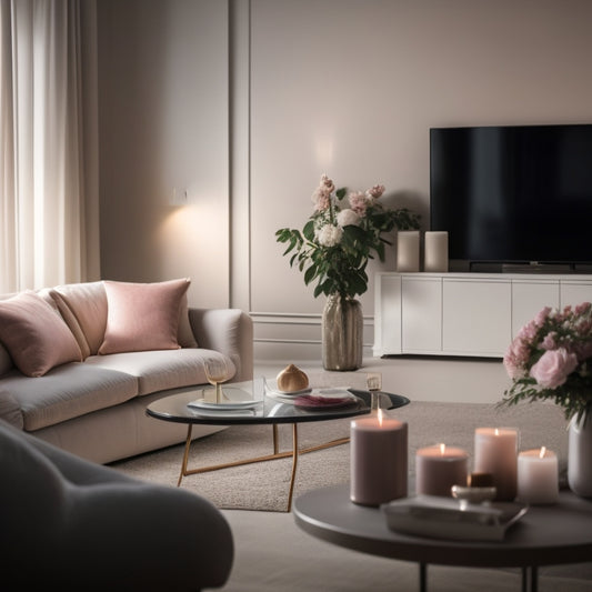 A serene, minimalist living room with a custom-built entertainment unit, a plush sectional sofa in a soft, creamy hue, and a few scattered rose petals leading to a candlelit dinner setup.