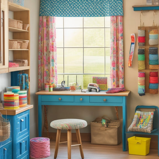 A tidy sewing room with a wooden desk, surrounded by organized stacks of colorful fabric bolts, and a pegboard with hanging baskets, threads, and scissors, featuring a repurposed vintage window turned into a storage board for rolled-up sewing patterns.